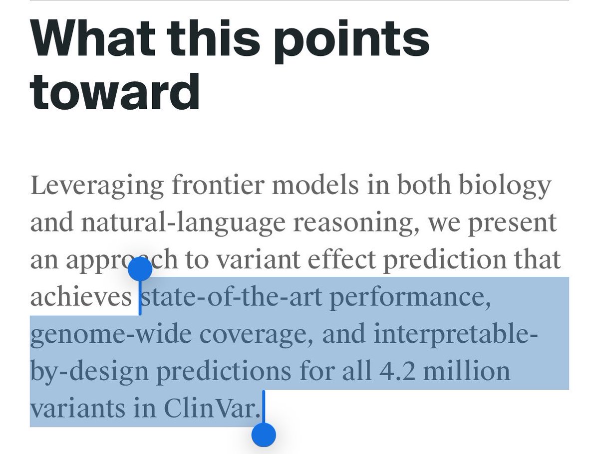 Goodfire research excerpt highlighting state-of-the-art performance genome-wide coverage and interpretable-by-design predictions for all 4.2 million variants in ClinVar