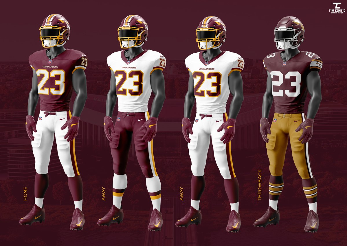 TimContic's tweet image. Washington Commanders Brand Redesign and Uniform Refresh

-New logo set
-New wordmark and font family
-Primary uniforms inspired by the classic Redskins set with slight modernizations
-Return of the 2002 throwback