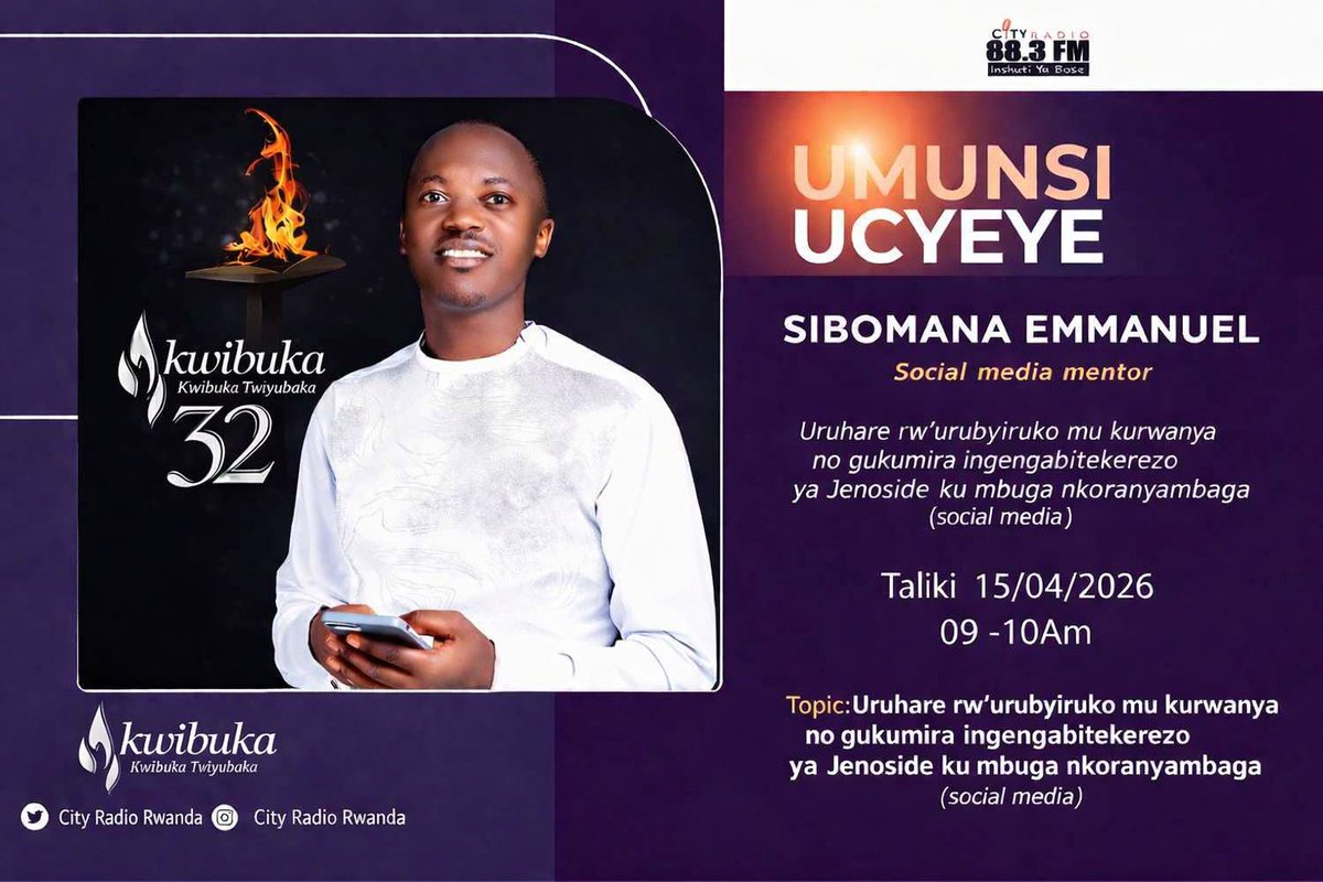 Tubararikiye gukurikira Ikiganiro #𝗨𝗺𝘂𝗻𝘀𝗶𝗨𝗰𝘆𝗲𝘆𝗲 kuri <a href="/CityRadioRwa/">City Radio Rwanda</a> kigaruka ku "Uruhare rw’urubyiruko mu kurwanya no gukumira ingengabitekerezo ya Jenoside ku mbuga nkoranyambaga (social media)".

#citynews