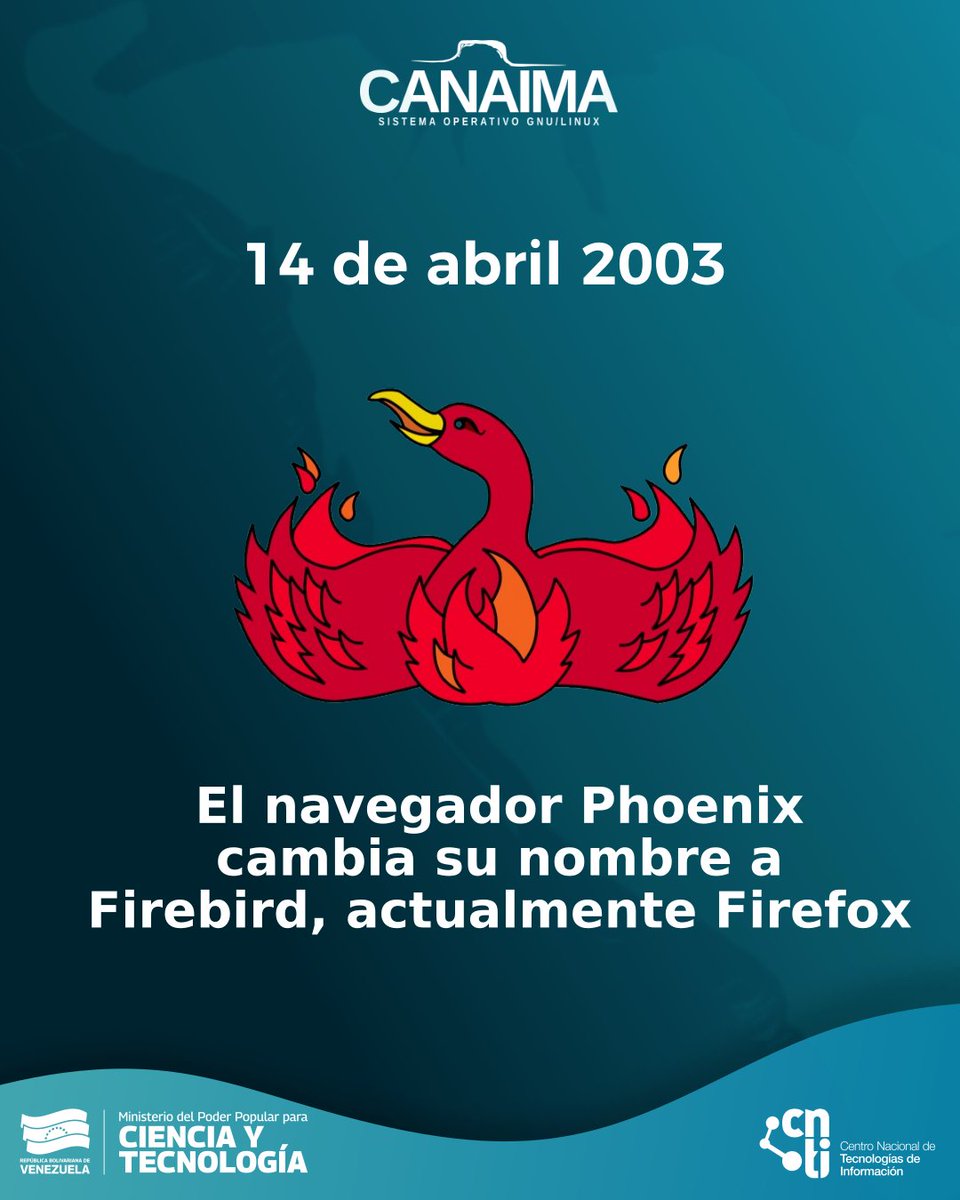 CanaimaGNULinux's tweet image. Sabían que el navegador #Firefox inicialmente recibió varios nombres el primero fue #Phoenix y un día como hoy hace 23 años su nombre cambió a #Firebird

Este cambio se debió a que ya se encontraba registrado por el desarrollador de BIOS #PhoenixTechnologies

¿Lo sabían?