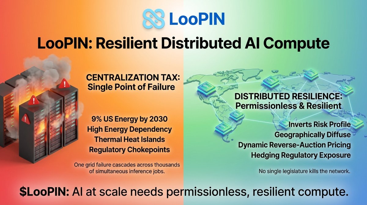 loopin_network's tweet photo. US data centers are projected to consume 9% of national electricity by 2030. 

Virginia's data center corridor already draws more power than Portugal. 
Thermal heat islands are now measurable from satellite. 

One grid failure cascades across thousands of simultaneous inference jobs — no failover, no geographic hedge.