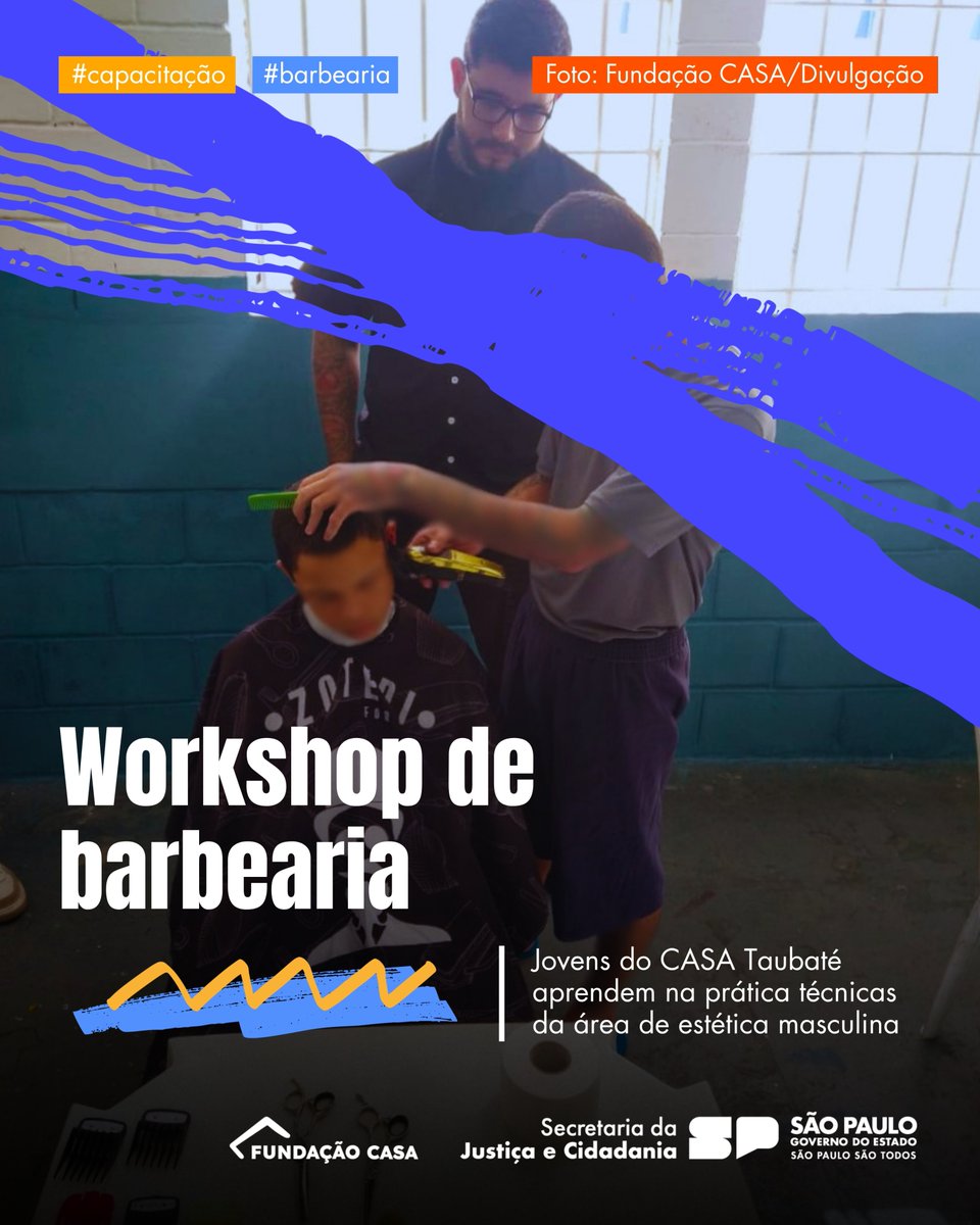 💈 No CASA Taubaté, cerca de 40 adolescentes participaram de um workshop que apresentou, na prática, técnicas do mercado da estética masculina, como corte de cabelo e cuidados com a barba.

🔗 Saiba mais em fundacaocasa.sp.gov.br, no menu Imprensa, na aba “Notícias”.