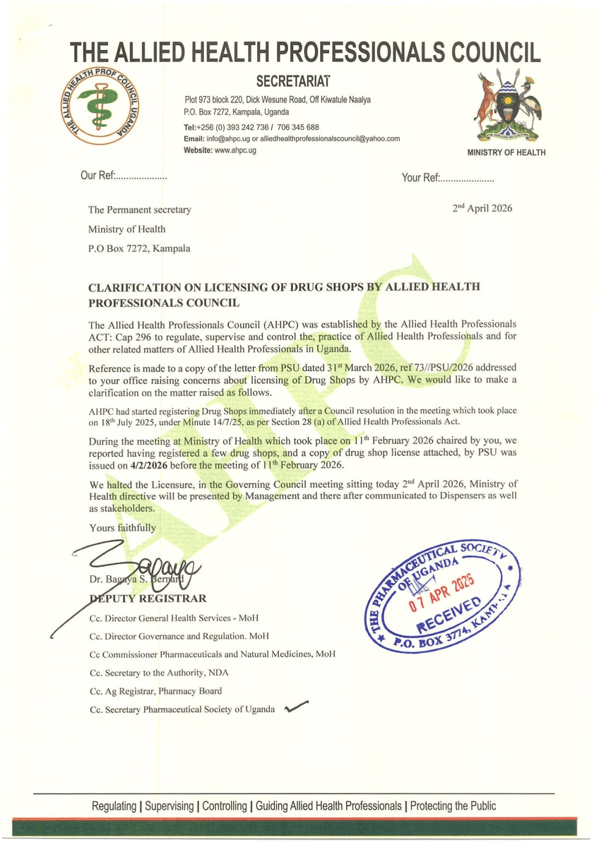 PharmacistsUg's tweet image. Following our concerns raised to the Ministry of Health, the Allied Health Professionals Council (AHPC) has officially halted the licensing of drug shops. We remain committed to a coordinated, patient-centered approach to healthcare regulation in Uganda. 🇺🇬

#PSU #AHPC