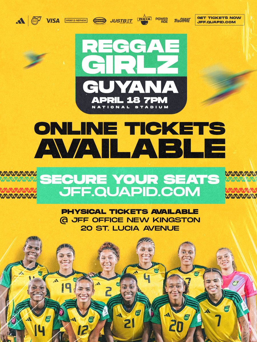 Saturday night at the National Stadium, Jamaica faces Guyana!

📍 National Stadium, Kingston
🎟️ Grandstand Wings — $2,000
🎟️ Grandstand General — $5,000

Tickets are Grandstand ONLY &amp; are available:
•Online at JFF.quapid.com
•JFF [St Lucia Ave, New Kingston]