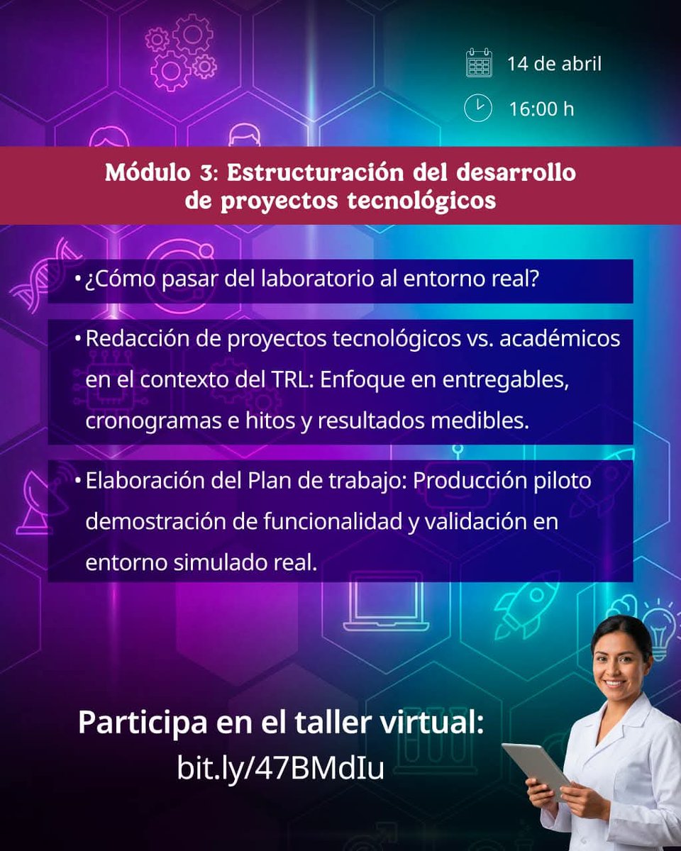 Secihti_Mx's tweet photo. 🔴 Hoy continuamos con el Taller virtual "TRL para la Innovación y el Desarrollo Tecnológico: De la idea a la implementación". Módulo 3: Estructuración del desarrollo de proyectos tecnológicos. 
🗓 14 de abril.
🕓 16:00 h.
📍 Virtual.
🎫 Gratuito.
🔗 https://t.co/13ubZqBMHE https://t.co/R8YYc2iUs1