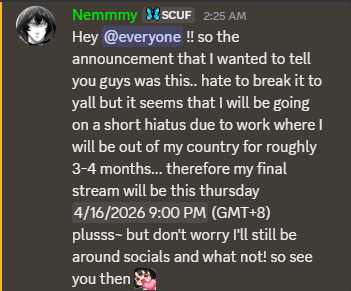 Nemmmy_VT's tweet photo. So yea guys... I won't be seeing yalls for a while~ I have two days left of streaming!! Will see you again later and tomorrow😁 https://t.co/Xjo3ivKwXA