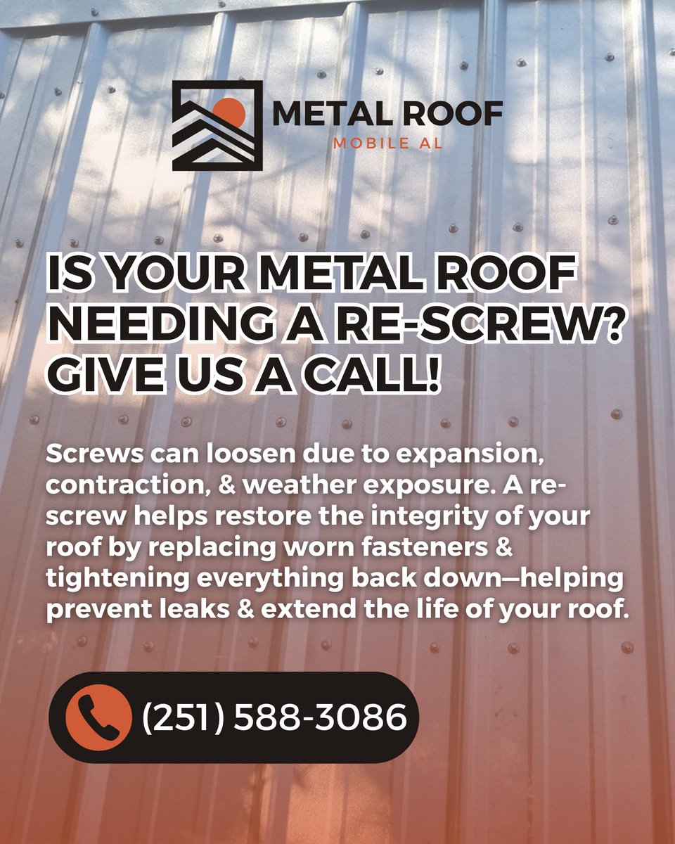 MetalR92309's tweet photo. In many cases, insurers may require maintenance or updates once a roof reaches a certain age. A re-screw is a smart, affordable way to stay ahead of those issues.

Stay proactive, protect your investment, &amp; avoid bigger problems down the road.

#MetalRoofMobileAL #MetalRoof #Roof https://t.co/AZuQFT0tlR