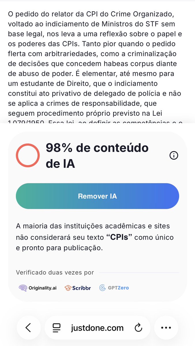 Acabei de colocar o texto do Ministro Gilmar em um detector de IA.

E

Surpresa 🤡🤡🤡🤡