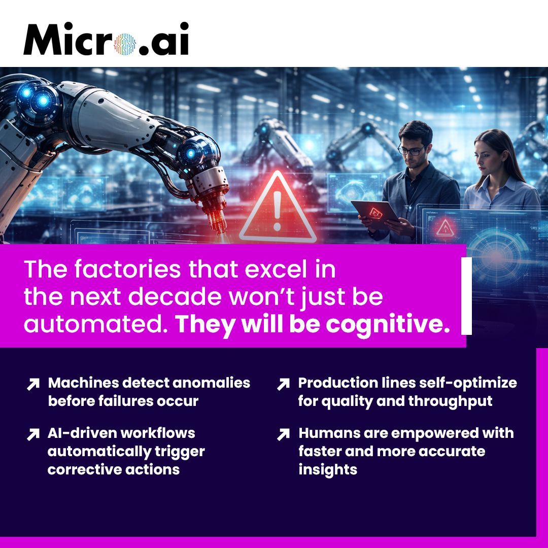 MicroAI_AI's tweet photo. Cognitive manufacturing combines Agentic AI, GenAI, and real-time data modeling to create operations that don’t just monitor performance—they understand, predict, and act.
 
- Less downtime
- Lower scrap rates
- Faster decision cycles

#CognitiveManufacturing #IndustrialAI https://t.co/YVrYQd3HBG