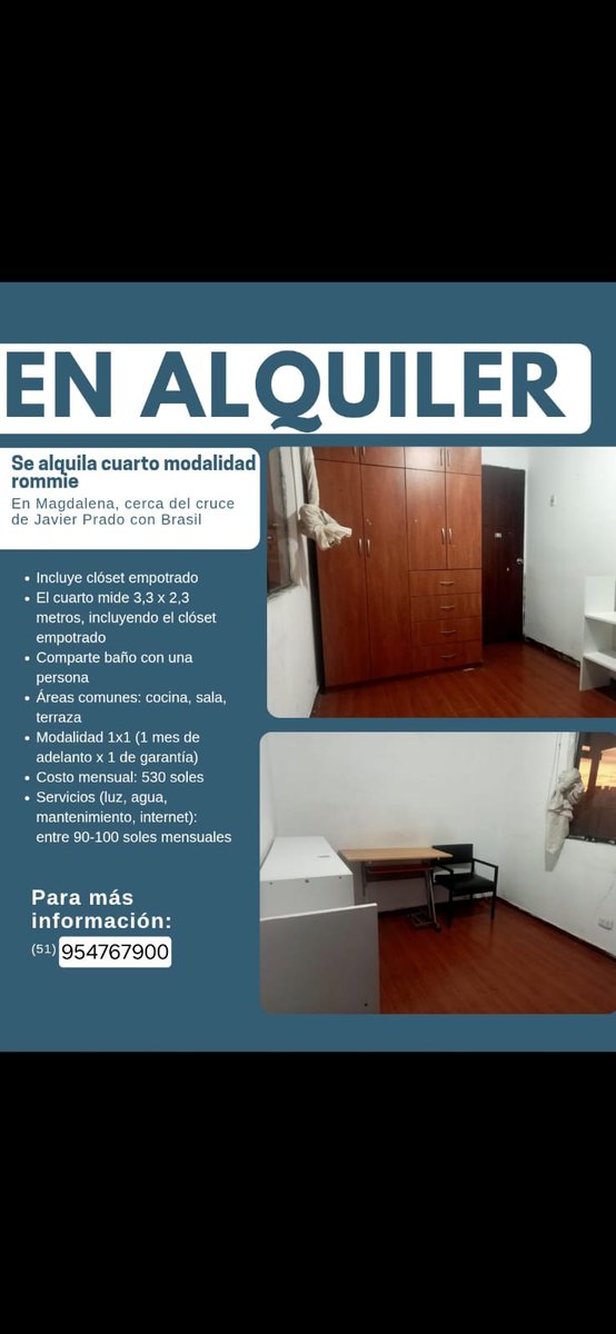 trishhmakes's tweet photo. Alquilo dos cuartos en magdalena.
Solo mujeres. 
5to piso, sin ascensor, aceptan mascotas.
530 y 470. Servicios 100so aprox.

Cerca al cruce de javier prado con brasil.
Disponibilidad inmediata.

Urgente compartan. https://t.co/TRkM7HXSls