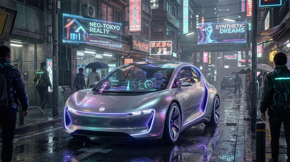 harshitagu72595's tweet image. Built this with Nano Banana Pro on @yapper_so 🍌⚡

A futuristic smart car cruising through a neon cyberpunk city — where AI meets the road and intelligence becomes the real horsepower.

This isn’t just a render… it’s a glimpse of what’s coming.

#AIArt #Cyberpunk #FutureTech