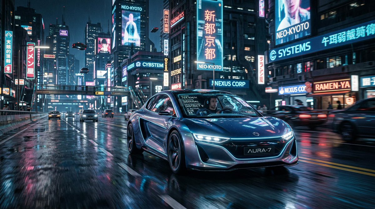 harshitagu72595's tweet image. Built this with Nano Banana Pro on @yapper_so 🍌⚡

A futuristic smart car cruising through a neon cyberpunk city — where AI meets the road and intelligence becomes the real horsepower.

This isn’t just a render… it’s a glimpse of what’s coming.

#AIArt #Cyberpunk #FutureTech