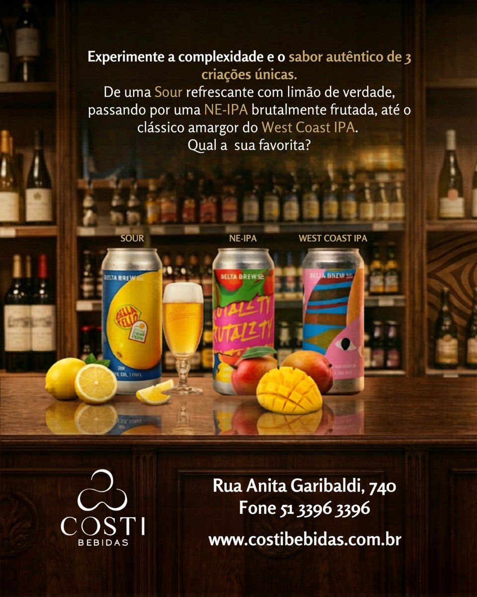 🚨 LANÇAMENTO DELTA BREW CO. na Costi Bebidas!
Três novas cervejas artesanais de Porto Alegre chegaram para elevar o nível. Qual estilo combina mais com você? Comente abaixo 👇 
#DeltaTriploImpacto #CervejariaDelta #Frutality #BellaCello #Reborn #CervejaArtesanalPOA #CostiBebidas