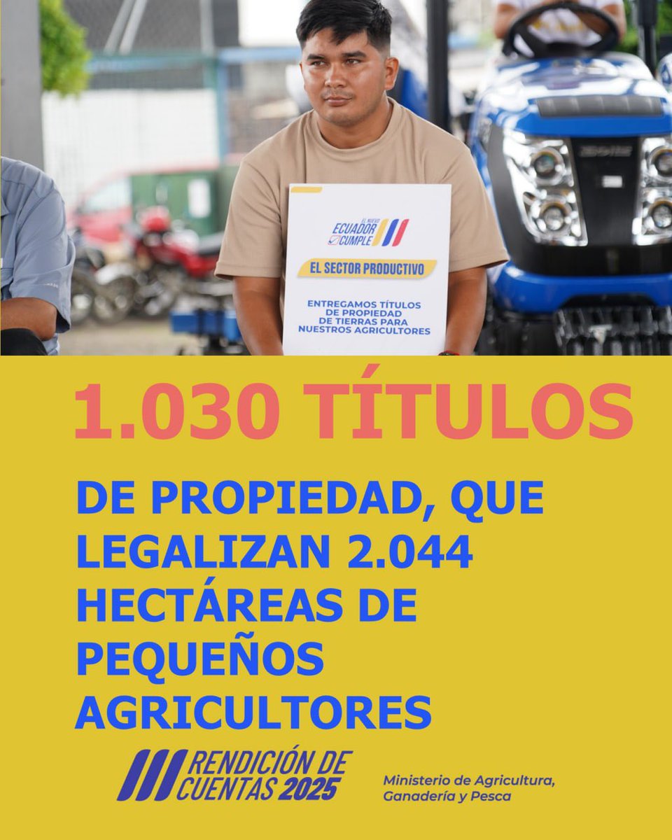 #LosRíos | En el 2025 generamos oportunidades para nuestros agricultores, con la entrega de 1.030 títulos de propiedad, legalizando  2.044 hectáreas. 

Revisa más detalles en el informe de #RendiciónDeCuentas2025 👇
agricultura.gob.ec/rendicion-de-c…