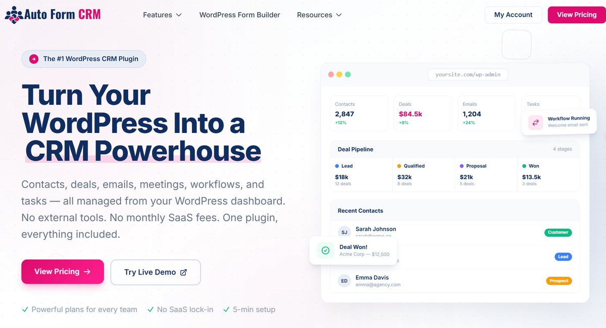 AutoFormCRM's tweet image. "Most businesses pay for a CRM + email tool + automation software + calendar app.
Or… they just install Auto Form CRM on their WordPress site. 
One plugin. Full CRM power. Zero monthly SaaS fees.

#Contacts • #Deals • Emails • Tasks • #Workflows • #Meetings — all in your WP