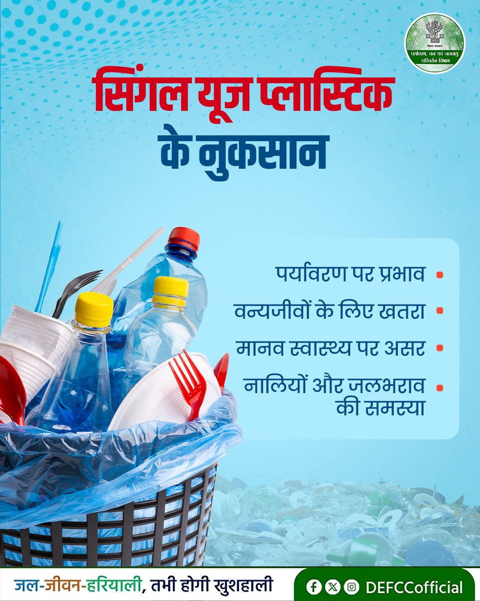 DEFCCOfficial's tweet image. सिंगल यूज़ प्लास्टिक पर्यावरण और स्वास्थ्य दोनों के लिए हानिकारक है।  आइए, मिलकर इसके उपयोग को कम करें और स्वच्छ व सुरक्षित बिहार के निर्माण में अपना सहयोग दें।

#singleuseplastic #saynotoplastic #ecofriendly #BeatPlasticPollution #SustainableLiving