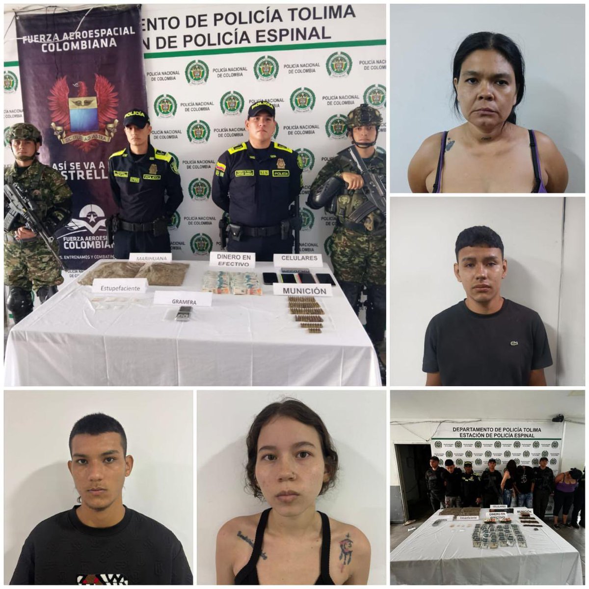 AdrianaMatizTol's tweet photo. Golpe contra el crimen en El Espinal - Tolima.

En una operación articulada entre la Policia Nacional y el Ejército Nacional, se realizaron 5 allanamientos en el municipio de El Espinal, logrando la captura en flagrancia de 4 actores criminales vinculados a delitos de alto impacto.

Entre los capturados se encuentran tres presuntos sicarios, y un actor clave en la comercialización de estupefacientes.

Este resultado permitió además la incautación de más de 1.000 dosis de marihuana y bazuco, munición de diferentes calibres, equipos de comunicación y dinero en efectivo.

Seguimos actuando con firmeza, inteligencia y presencia institucional para proteger la vida, recuperar la tranquilidad y cerrarle el paso a las estructuras criminales.