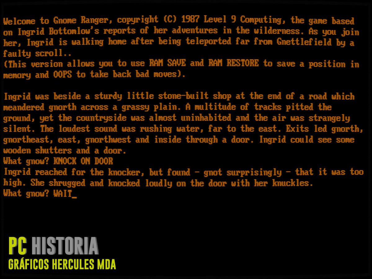 PC__Historia's tweet image. 🍄 Gnome Ranger (Level 9 Computing, 1987) es una aventura conversacional para #PC #DOS con humor absurdo, puzles cooperativos y un mundo donde los personajes tienen voluntad propia. Controla a Ingrid y sobrevive a brujas, acertijos y gemas.