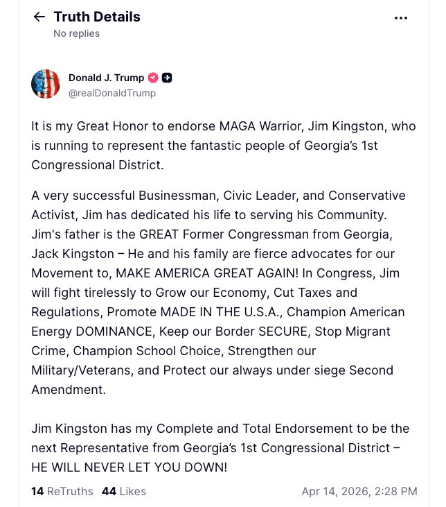 bluestein's tweet image. President Trump just endorsed Republican Jim Kingston in the race for Georgia’s open 1st District seat. Incumbent Buddy Carter is vacating the southeast Georgia seat to run for Senate. #gapol
