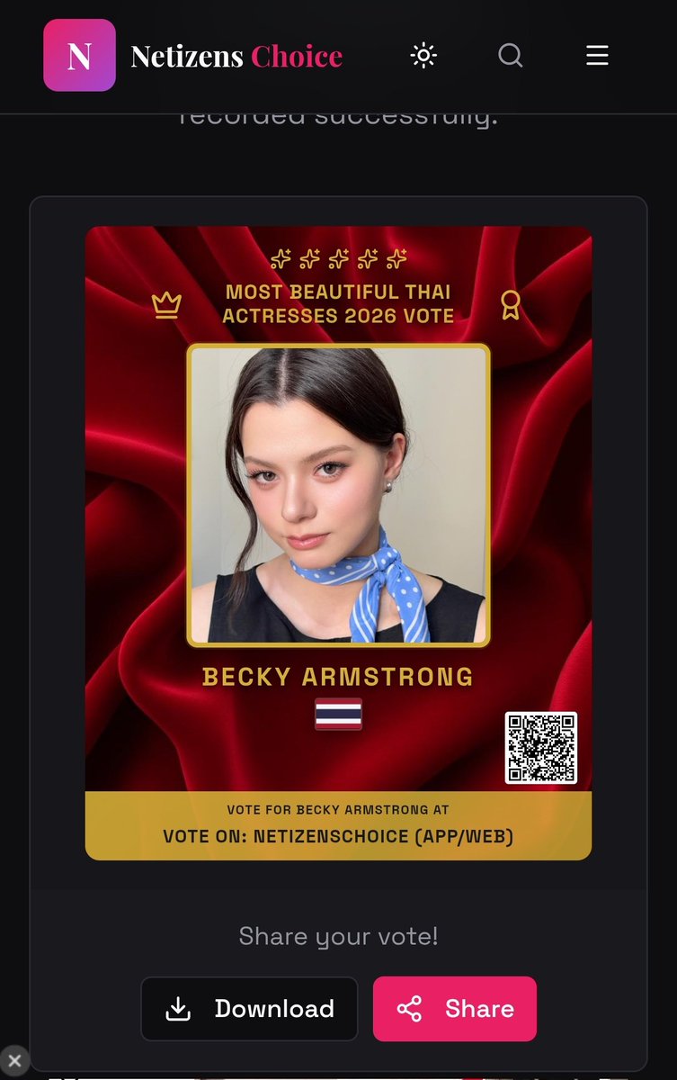 BeckyFreenCute8's tweet image. 1 vote per category every hour, per device. No registration required.
1️⃣netizenschoice.com/vote/most-beau…
2️⃣netizenschoice.com/vote/most-beau…

#NETIZENSCHOICE @thenreport
#MBTA2026 #MBWA2026
#MBTA2026BeckyArmstrong
#MBWA2026BeckyArmstrong
#beckysangels #BeckyArmstrong 
#BeckyRebecca #เบ็คกี้รีเบคก้า