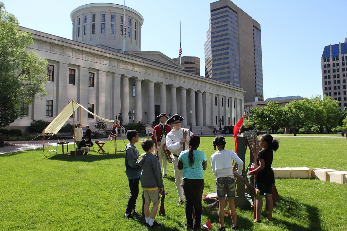 OhioStatehouse's tweet photo. Wednesday - 1776 History at the Ohio Statehouse.  Everyone is invited to see dances, music, cannon and musket fire, and much more from 10 a.m. to 3 p.m. on the High Street side of the Ohio Statehouse in downtown Columbus on April 15.  @AM250Ohio  #america250ohio https://t.co/MOD3p7iDrP