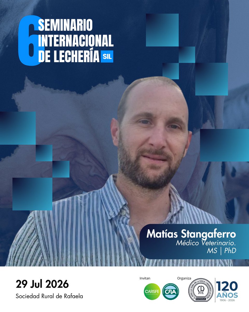 🗣️ ¡Presentamos a los oradores del #SIL2026! 🎤 
<a href="/MatiasStangafe1/">Matias Stangaferro</a> - Med. Vet., MS, PhD

Líder del equipo de Investigación en Dairy Health &amp; Management Services (EE. UU.) y docente en la <a href="/FCV_UNL/">FCV-UNL</a> 

¿Te gustaría escuchar a Matías?
¡Sumate al SIL 2026!
Seguí las novedades. 🤳
