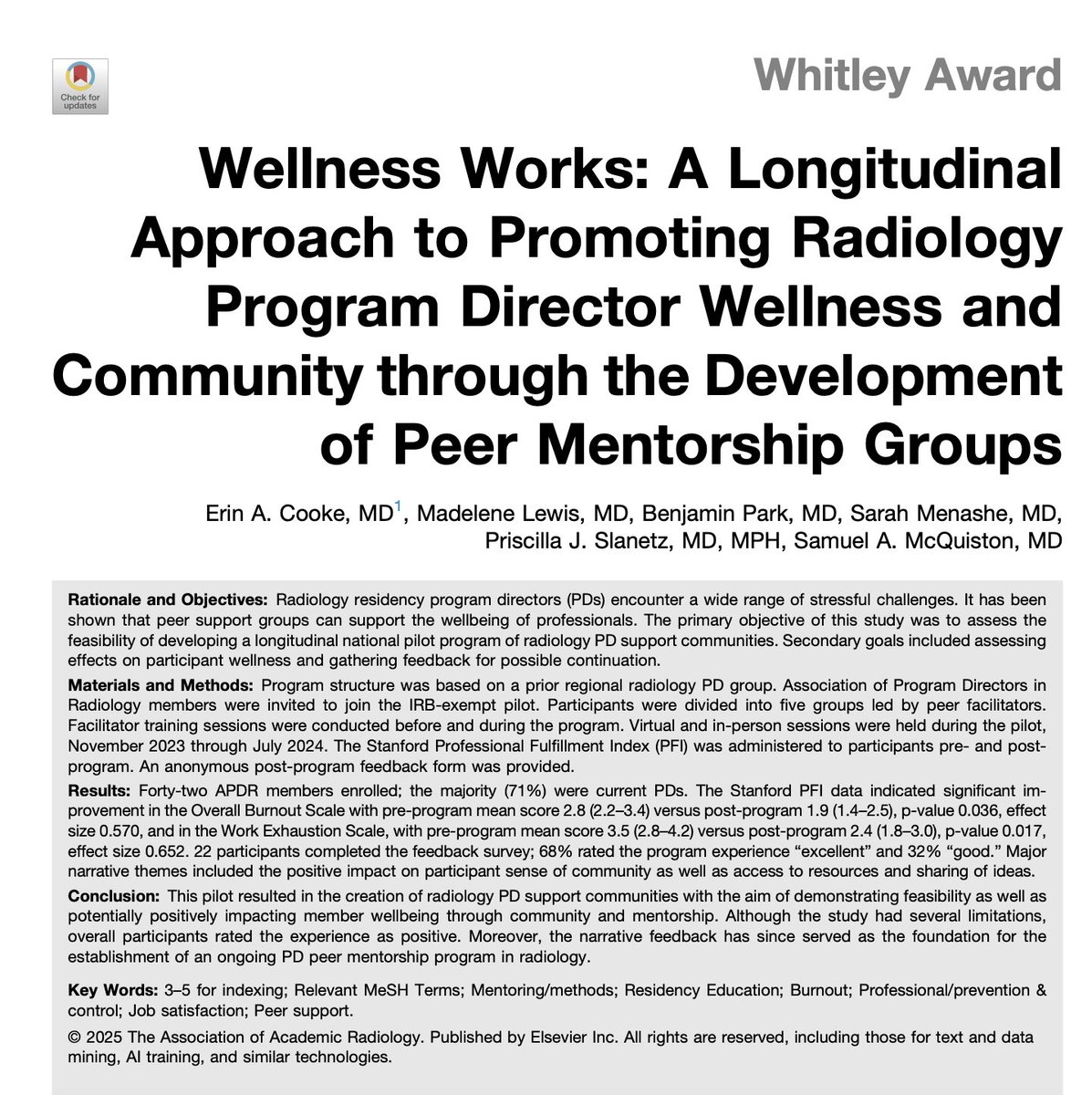ErinCookeMD's tweet photo. Excited to share the details on our pilot #PeerMentorship program for #RadPDs through our manuscript now available in @AcadRadiol ⬇️!  Encourage other PDs/APDs/@theAPDR members to join when membership reopens this summer. 
Thanks to @theAPDR! 🩻
https://t.co/xjpEWMqMAb
#RadEd https://t.co/WyGBZqkppf