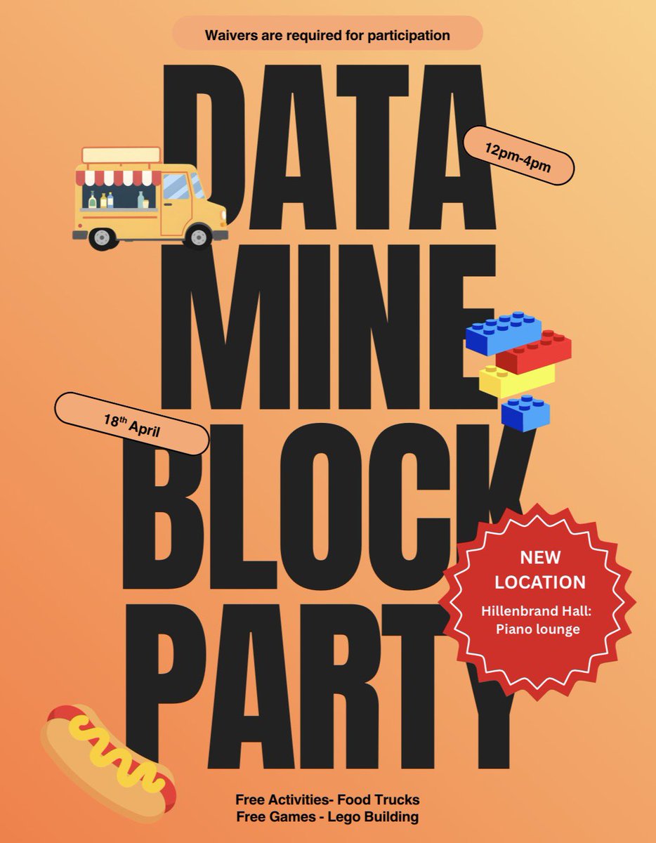 PurdueDataMine's tweet photo. LEGOs, lattes, and Labs (oh my!) 🐶☕️ Whether you’re here for the therapy dogs, the inflatable attractions, or a quesadilla fix, the Data Mine Block Party has you covered.

Where: Hillenbrand Hall Piano Room

When: April 18th | 12pm - 4pm

Waivers are required to join the fun! https://t.co/pxzxAAlWWF