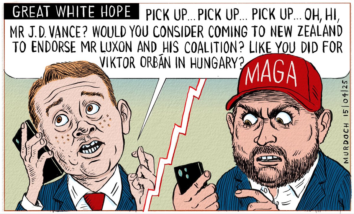 domesticanimal's tweet photo. Great White Hope. Opposition leader Chris Hipkins makes a call to Vice President of the USA, J D Vance.
My #cartoon today #NZpol #USA #Hungary #NZelection26 https://t.co/TftWJCfSwv