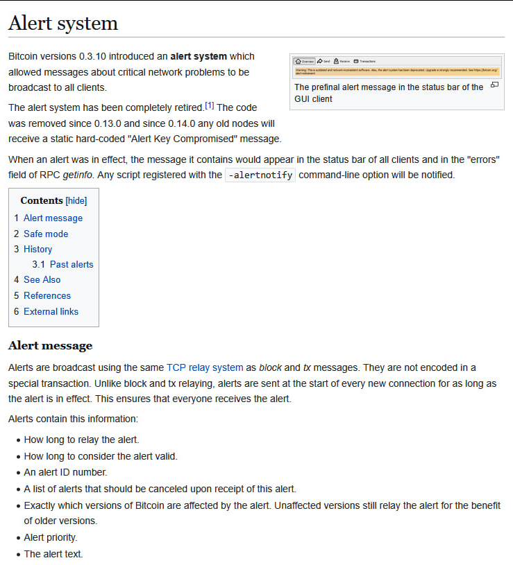 0xSweep's tweet image. Before Satoshi disappeared he gave one developer a secret key that could override every single Bitcoin node

It was called the Alert Key

Satoshi added it to Bitcoin in 2010 after the 184 billion coin bug almost killed the entire network

When a valid alert was sent using this