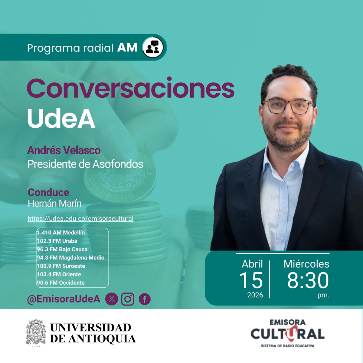 emisoraudea's tweet photo. #ConversacionesUdeA l Dos iniciativas del gobierno marcan la agenda de @fondosdepension: el traslado de $25 billones a #Colpensiones y el límite a inversiones en el exterior. De ellas hablarán Colfondos, Porvenir, Protección y Skandia, en el congreso de #Asofondos (abril 22-24). https://t.co/Hc9Y3wsYZK
