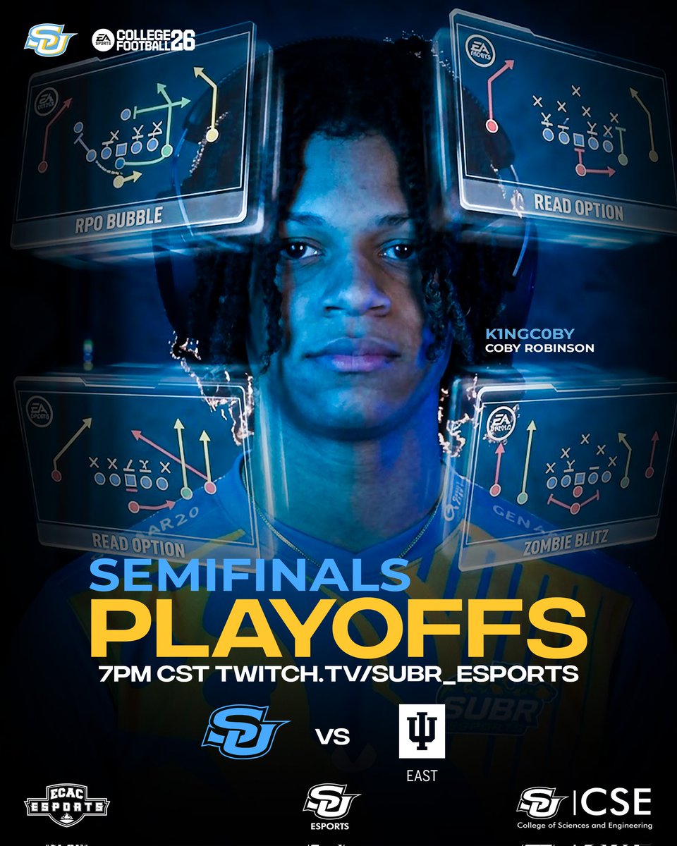 subr_esports's tweet photo. Join us this Wed @ the Esports Lab for the @EA College Football 26 Semifinals! Watch @K1ngc0by take the field as we fight for a spot in the finals.
โ๐ Where: Esports Lab
๐ When: Wednesday @ 7PM CST
๐บ Live on Twitch: https://t.co/ZvdPJmmhDv โ#CollegeFootball26 #SUBR #Esports https://t.co/yVftqVqaQ9