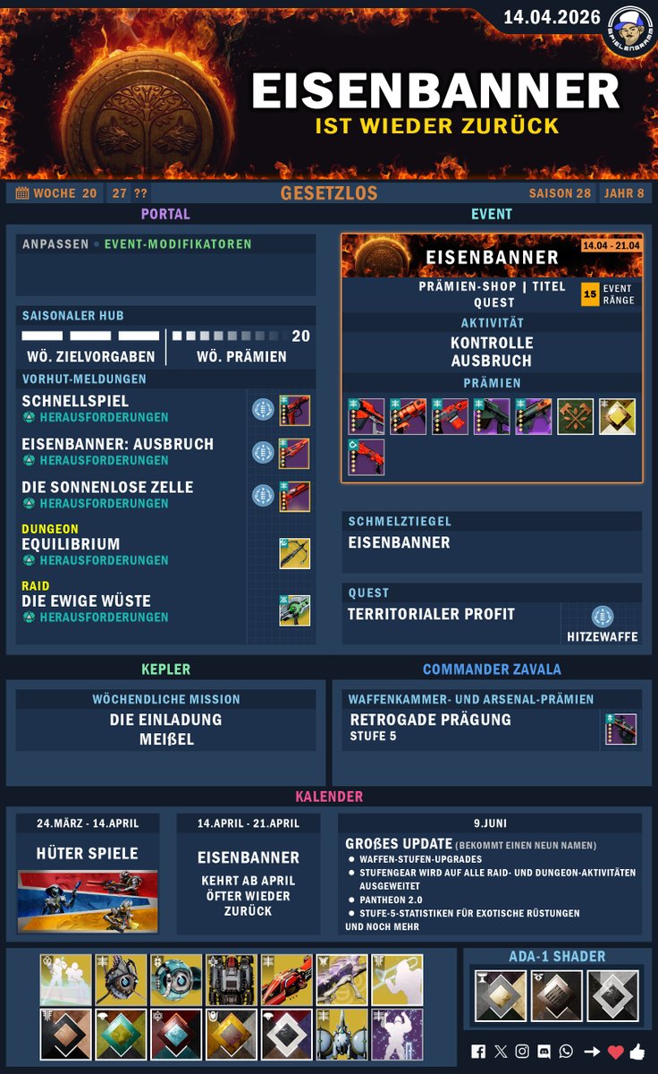 spielengramm's tweet image. 14.04.2026 - Reset
Die Wöchentliche Übersicht von Destiny 2 alles auf einem Blick!!! 

👍❤️ &amp;lt;- nicht vergessen
#destiny #destiny2 #bungie @destinygamede
@Bungie_DE @DestinyTheGame #spielengramm