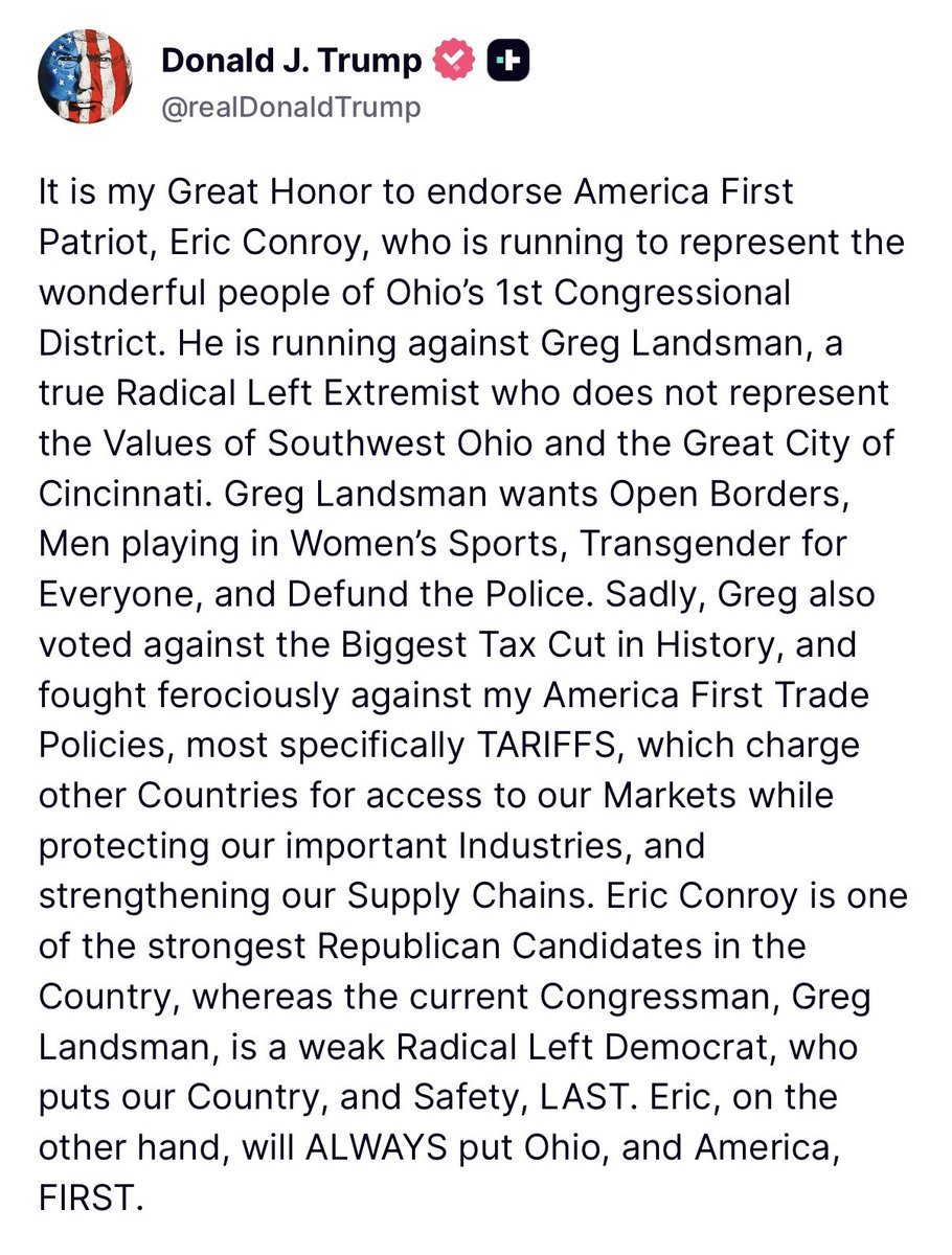 GOPJosh20's tweet photo. NEW: @POTUS endorses @TheEric42 for Congress in OH-01. https://t.co/fPMHy0kLWL