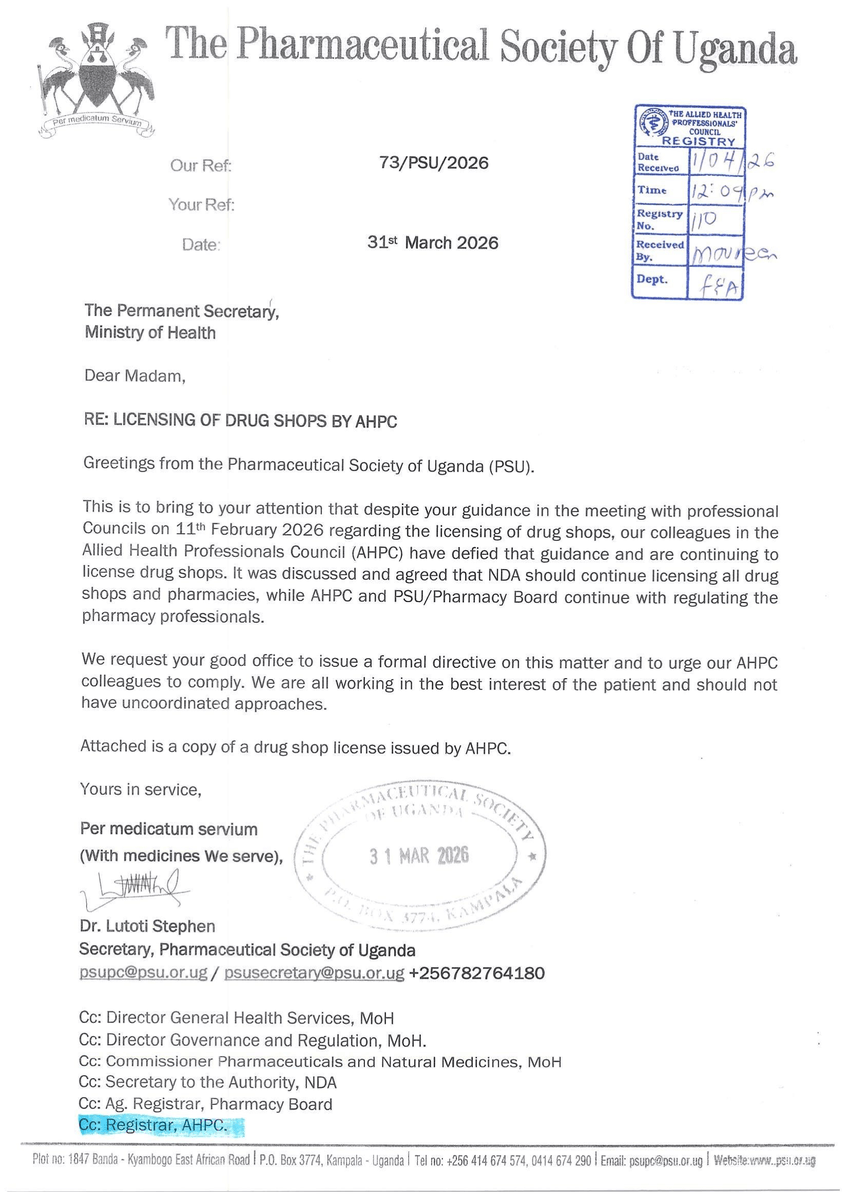 PharmacistsUg's tweet image. Following our concerns raised to the Ministry of Health, the Allied Health Professionals Council (AHPC) has officially halted the licensing of drug shops. We remain committed to a coordinated, patient-centered approach to healthcare regulation in Uganda. 🇺🇬

#PSU #AHPC