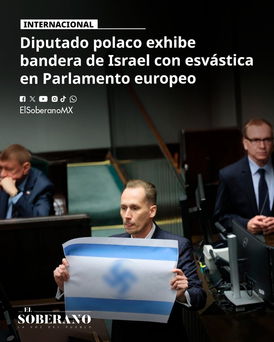 ElSoberanoMX's tweet photo. #Internacional 👉 Diputado polaco exhibe bandera de Israel con esvástica en Parlamento 

El diputado polaco Konrad Berkowicz, exhibió durante una sesión plenaria una bandera de Israel modificada con una esvástica en lugar de la estrella de David.

Más: https://t.co/zNGQV0ZbTG https://t.co/uaGZht3TmW