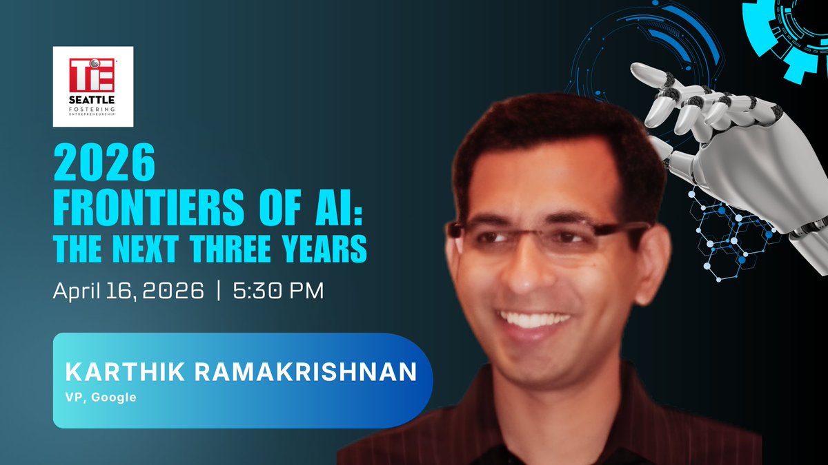 SeattleTiE's tweet image. Speaker Spotlight | Frontiers of AI 2026Featuring Karthik Ramakrishnan (VP, Google), a leader behind scalable AI systems from Alexa to generative AI.Get insights on the next 3 years of AI innovation and what’s truly emerging. 
Register now - events.tie.org/2026Frontierso…
#FutureOfAI