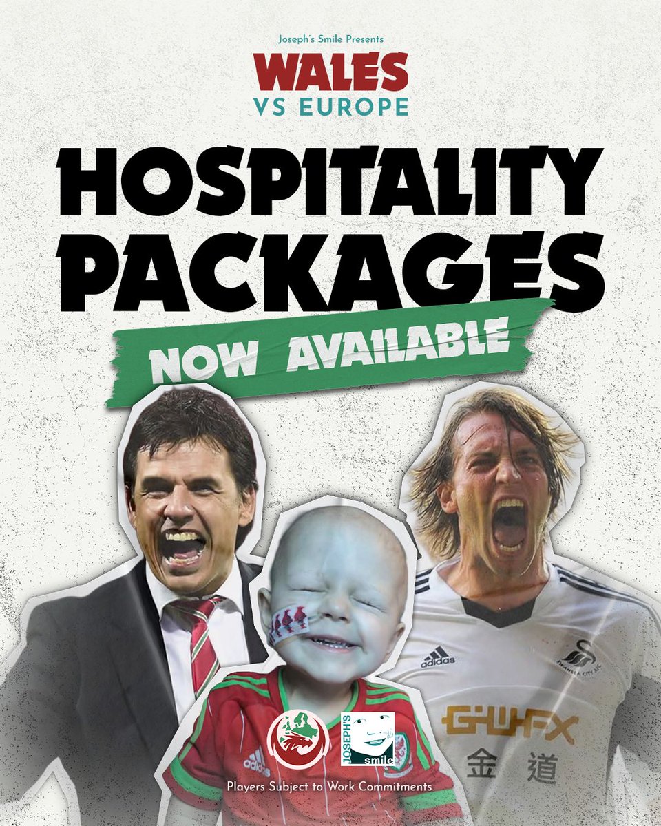 josephssmileuk's tweet photo. Wales v Europe Charity Match – Hospitality Now Live
Sat 30 May 2026
Wales v Europe
Corporate hospitality boxes now available 👇 https://t.co/MjwIH3vgf8
High demand – boxes expected to sell out.

Premium general admission tickets also on sale (WU7)
 https://t.co/lhlMmzhQxx https://t.co/TeVmGfgjM3