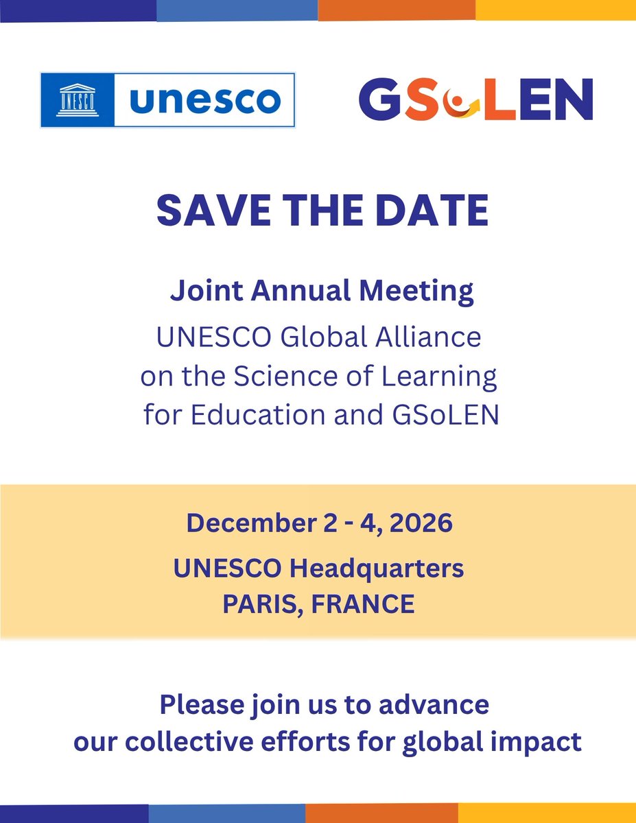GSoLENnetwork's tweet photo. Save the Date!

We’re happy to share that the Joint Annual Meeting between GSoLEN and @UNESCO will take place December 2–4, 2026, at UNESCO Headquarters in Paris, France.

Become a member to stay updated: https://t.co/KTiBfneVeE https://t.co/pRRNXeN5bn