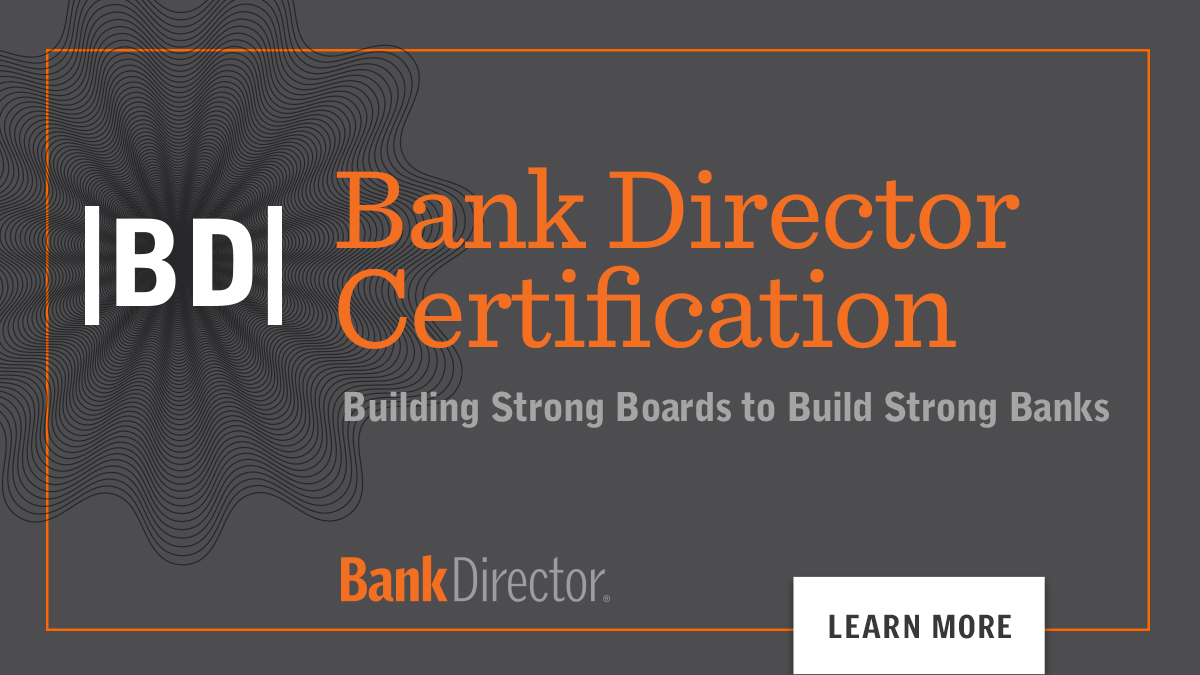 BankDirector's tweet image. Distinguishing individual #board members through a comprehensive #training program, Bank Director #Certification provides participants with a thorough grounding in #corporate governance &amp;amp; important industry issues. 

Get started here!
bankdirector.com/resource/servi…