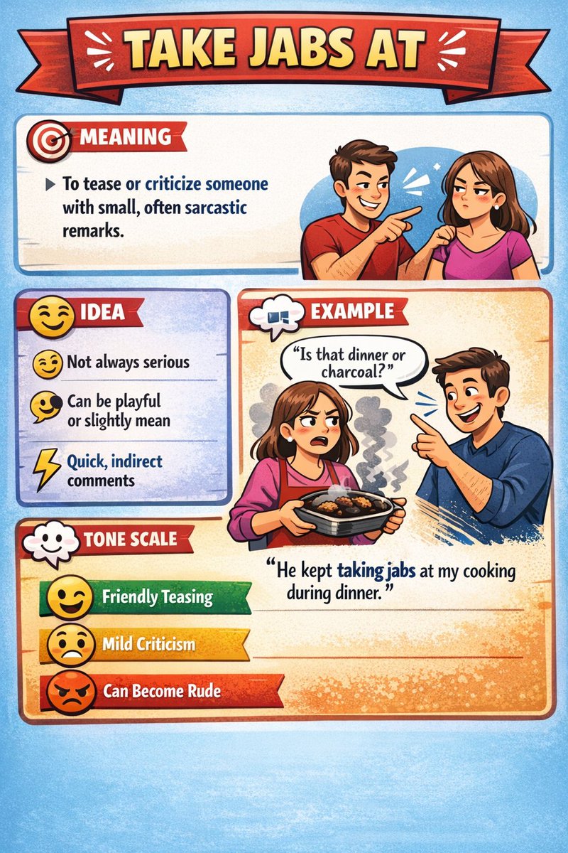 Herminio_EOI's tweet image. ✔️ Take jabs at someone

》To make critical or sarcastic remarks about someone, often in a joking or indirect way.

▪︎ He’s always taking jabs at his brother during family dinners.
▪︎ The comedian took a few jabs at politicians in his show.

#Learning #English #idioms #TEFL