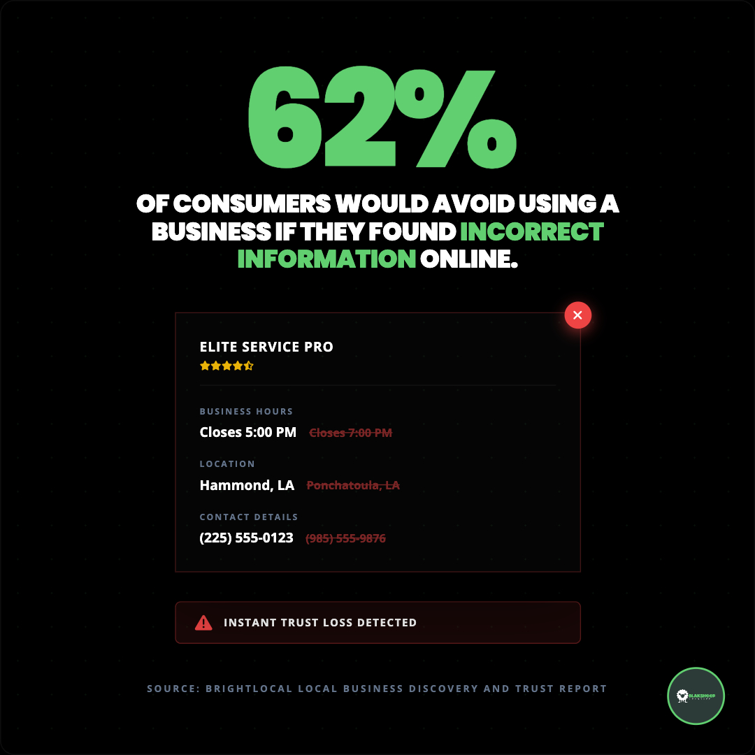62% of consumers avoid a business if they find incorrect info online.
✅ wrong hours
✅ wrong phone
✅ wrong location
= instant trust loss.

Want to spot issues fast? FREE SEO Audit:
blaksheepcreative.com/services/seo/f…