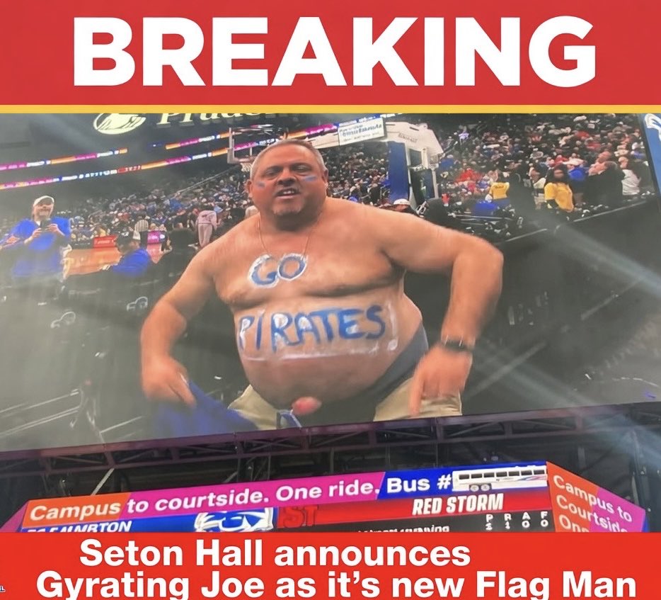 TheSetonion's tweet photo. BREAKING: Gyrating Joe announced as Seton Hall’s Flag man for the 2026-2027 season. Huge get for the Pirates - and it appears that it cost them at least half of their NIL budget. #HallIn https://t.co/1ubXBXMbBz