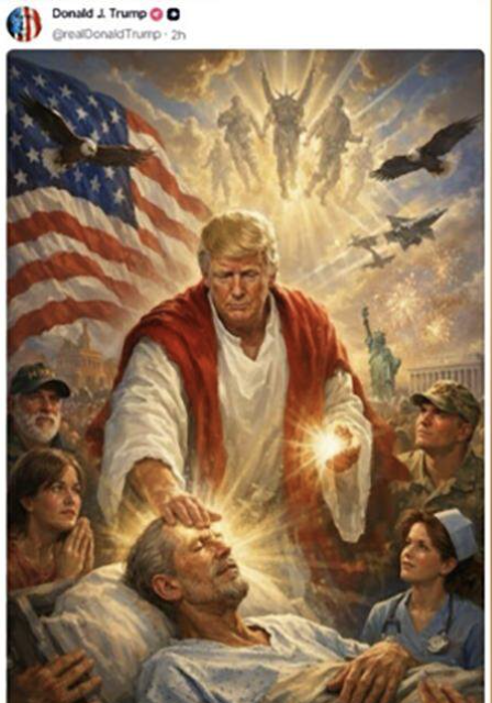 WH4America's tweet photo. Trump, this isn’t the first time you’ve used sacred imagery like this, and it’s still disrespectful. Potraying yourself as Jesus or as His Holiness. It’s an insult to the Catholic faith and to those of us who take it seriously. Faith isn’t a prop. 

You should be ashamed of yourself.

This isn't about politics it is directly insulting and making fun of the Catholic Faith.