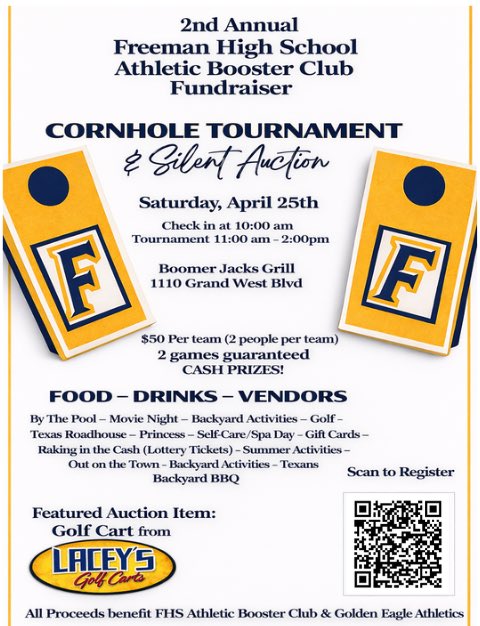 fhsgoldgsoccer's tweet photo. Something big is coming 👀💙💛

Grab your partner and get ready to compete at the Freeman Athletic Booster Club Cornhole Tournament & Silent Auction!

🔥 Cash prizes
🎯 2 games guaranteed
🍔 Food, drinks & vendors
🎟️ Silent auction (including a golf cart!)

Make it a day—bring the family, enjoy the atmosphere, and support Freeman athletics all at once.

📍 Boomer Jacks Grill
🗓️ April 25
⏰ Starts at 11 AM

Spots will fill fast… don’t miss out. Scan the QR code to register! 🦅