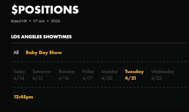 CoolBrandonD's tweet photo. Alamo Drafthouse has added more screenings!!! If you are in Austin, Indianapolis, or LA, you now have more chances to see the movie, including a "Baby Day Show" in LA for parents of young children on 4/21. If you take your baby to this insane fucked up NC-17 movie at the LA baby Day Show, and you make a video of your baby watching $POSITIONS in the theater and tag me, I will personally pay for your ticket.