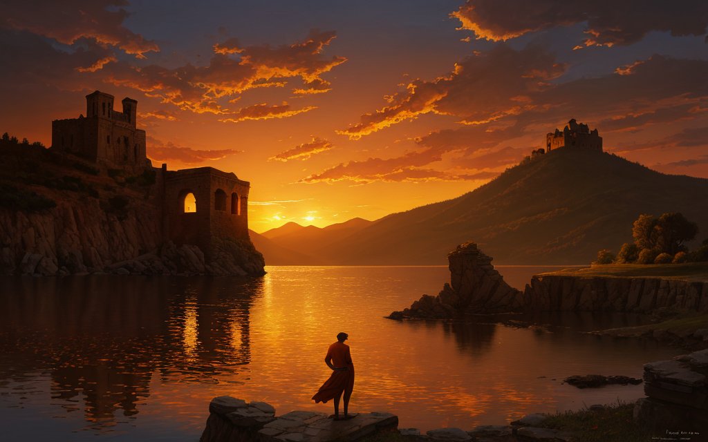 vu2lid's tweet photo. At the drowned fortress, one traveler watched sunset gather the lost kingdoms back into gold for a moment.
Painterly fantasy realism, ruined lakeside citadels, molten sunset glow
#AIArt #MemoryField https://t.co/CCKXIwjUjD