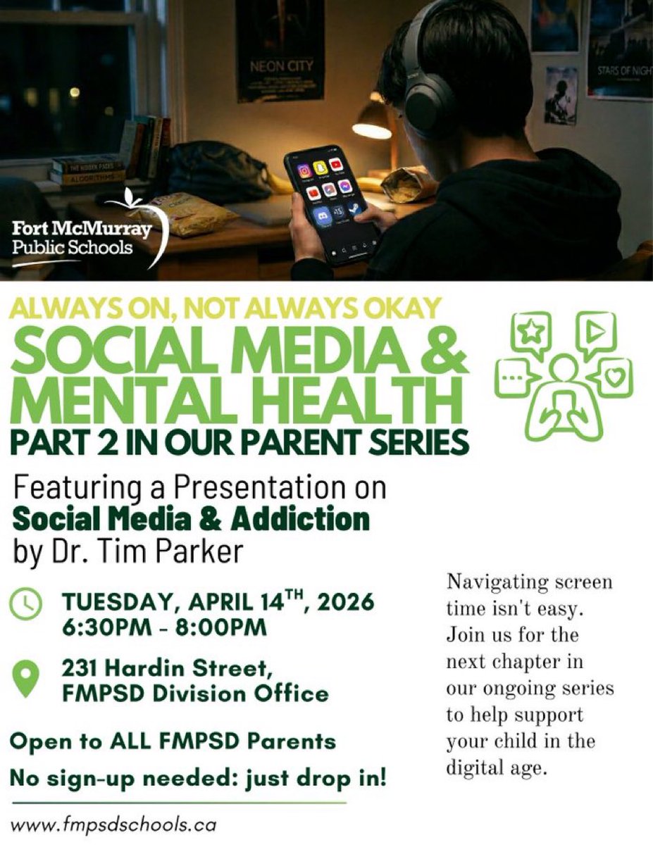 annaleeskinner's tweet image. Happening tonight at 6:30!  Social media &amp;amp;  mental health —2 very important topics!  #rmwb #ymm @fmpsd