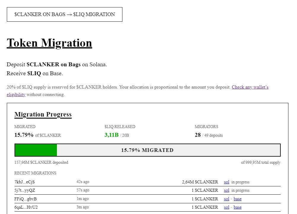 votesa's tweet image. Just migrated $CLANKER on Sol → $LIQ on Base.

Smooth as butter. No drama, no issues.

Props to @_proxystudio for pulling this off clean. Cross-chain migrations usually end in tears – this one didn't.

Welcome to Base, $LIQ. Let's see what Liquid Protocol does from here 👀