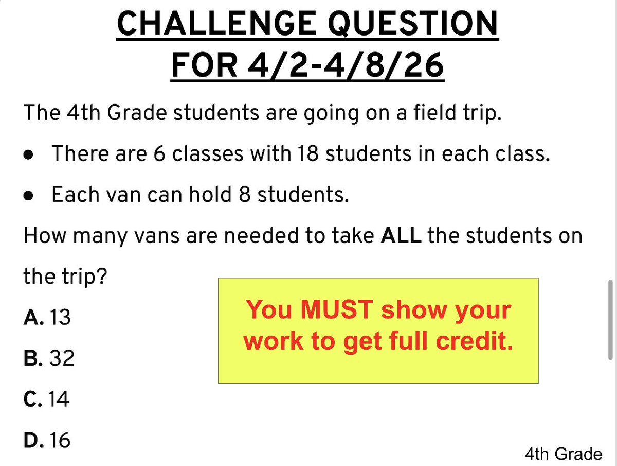 JAS_teach's tweet image. Who says math is only for students?! 🧠💡 Staff @FrancisES_AISD took on last week's Math Challenge! It’s great to see everyone engaging in problem-solving &amp;amp; having fun with math. Can you solve it too? 👇 #MathChat #GrowthMindset

@Khrissy0329 @MrsAWilliams4